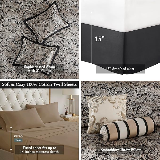 Madison Park Aubrey Cozy Comforter Set, Faux Silk Jacquard Paisley Design - All Season Down Alternative Bedding with Cotton Bed Sheets, Bed Skirt & Toss Pillows, Full Black 12 Piece
