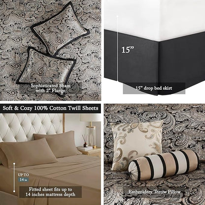 Madison Park Aubrey Cozy Comforter Set, Faux Silk Jacquard Paisley Design - All Season Down Alternative Bedding with Cotton Bed Sheets, Bed Skirt & Toss Pillows, Full Black 12 Piece
