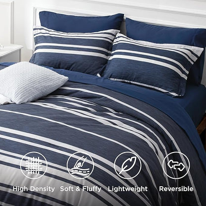 Bedsure King Comforter Set 7 Pieces, Blue Striped Bedding Set for All Seasons, Reversible, Cationic Dyeing Bed in a Bag with Comforter, Sheets, Pillowcases & Shams