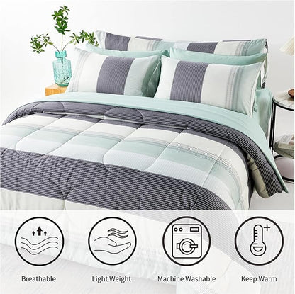 RYNGHIPY Sage Green Striped Comforter Set, Geometric Lightweight Soft Bedding Set, All Season Down Alternative Men Boy Comforter with Sheets Pillowcses (Queen,Sage Green)