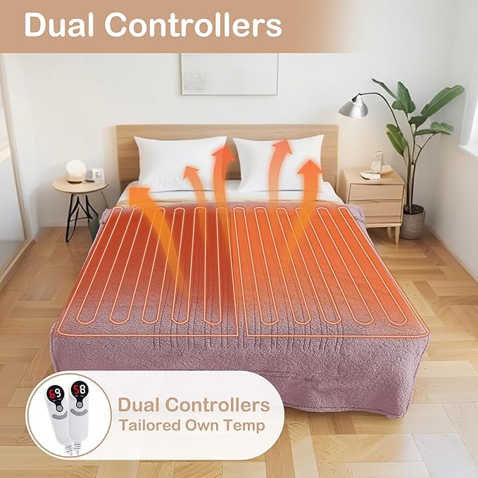 Electric Heated Blanket Queen Size 84"×90" Dual Control, 9 Heating Settings & 1-10Hs Auto Off, Overheat Protect, Double-Sided Sherpa, for Couch & Bed, Machine Washable Light Purple