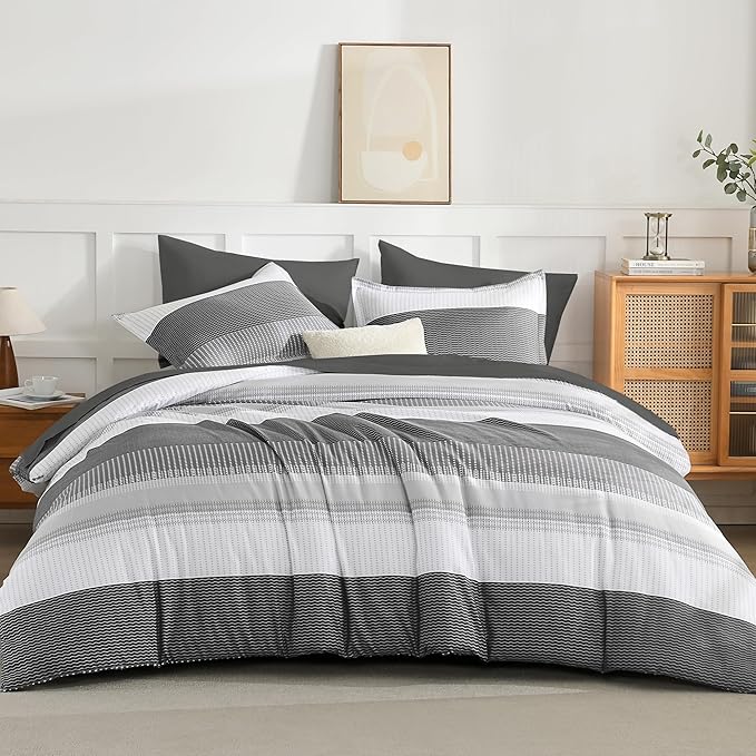 Andency King Size Comforter Set Dark Grey - 7 Pieces Grey Striped Lightweight Bed in a Bag, Soft Microfiber Reversible Bedding Set with Comforter, Fitted & Flat Sheet, Pillowcases & Shams