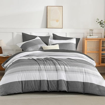 Andency California King Comforter Set Dark Grey - 7 Pieces Grey Striped Lightweight Bed in a Bag, Soft Microfiber Reversible Bedding Set with Comforter, Fitted & Flat Sheet, Pillowcases & Shams