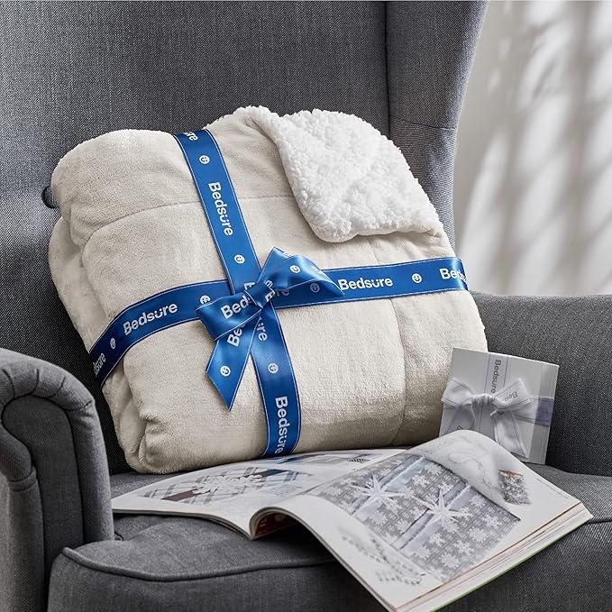 Bedsure GentleSoft Sherpa Fleece Throw Blanket for Couch - Thick and Warm Throw for Women and Men, Soft Fuzzy Plush Blanket for Winter, Non-Heated, Linen, 50x60 Inches