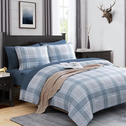 MaiRêve Plaid Queen Comforter Sets, Light Blue Grid Farmhouse Bedding Set Bed in A Bag, Classic Checkered Comforter Sets with Fitted & Flat Sheet, Pillowcases & Shams(Light Blue, 90"x90")