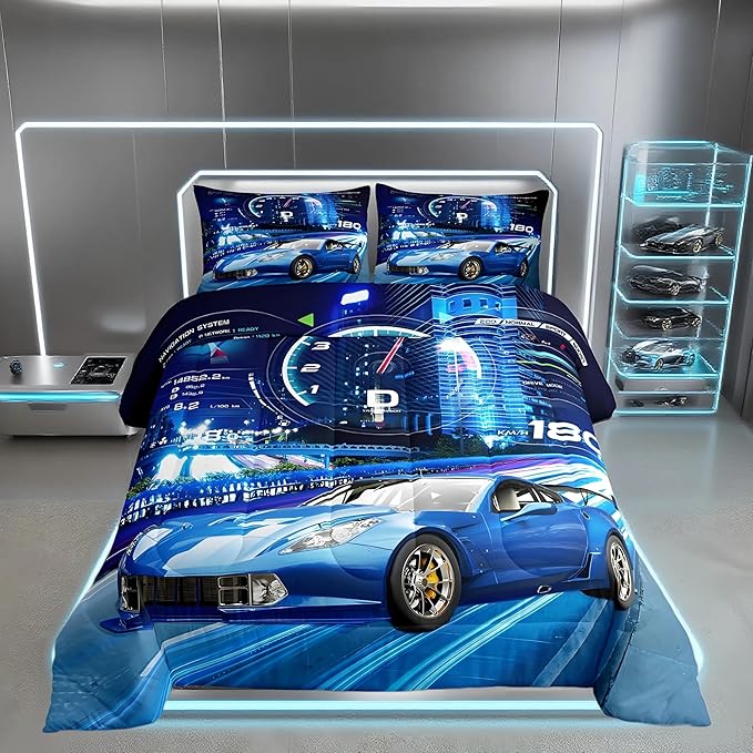 Feelyou Boys Sports Car Comforter Set for Kids - Extreme Sports Bedding Set with 1 Comforter and 1 Pillowcase, Twin Size, Blue