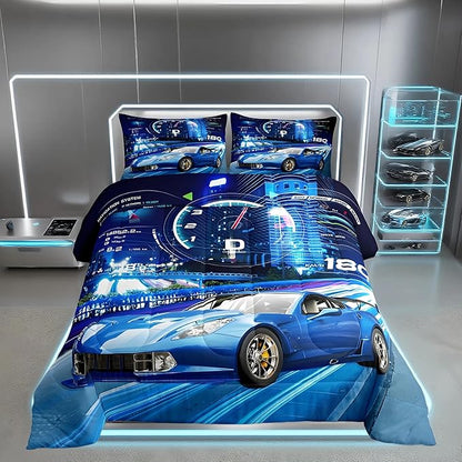 Feelyou Boys Race Car Down Duvet Cool Sports Car Comforter Set for Kids Boys Girls Extreme Sports Bedding Set Blue Automobile Car Comforter 1 Comforter Set with 2 Pillowcases King Size