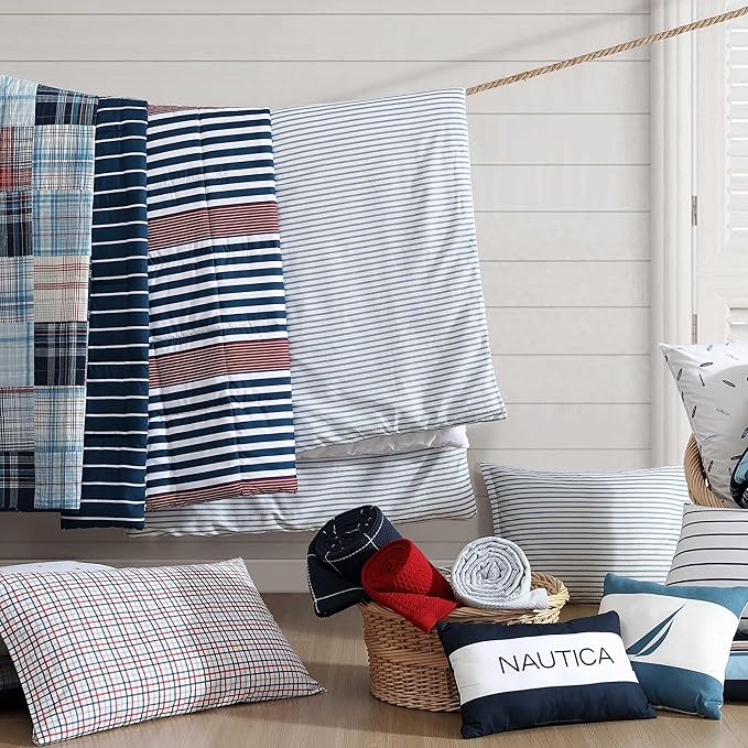 Nautica - Full/Queen Comforter Set, Ultra Soft Bedding with a Woven Textured Feel, Medium Weight for Year Round Comfort, 3 Piece Bed Set with Matching Pillowcases (Kennedy Stripe Navy)