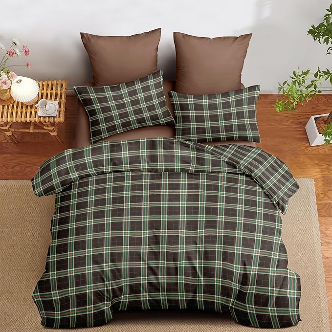 Nayoroom Plaid Comforter Set Queen Size Vintage Green Brown Gingham Checkered Tartan Comforter 3 Pieces Soft Lightweight Farmhouse Dorm Bedding Set for All Seasons