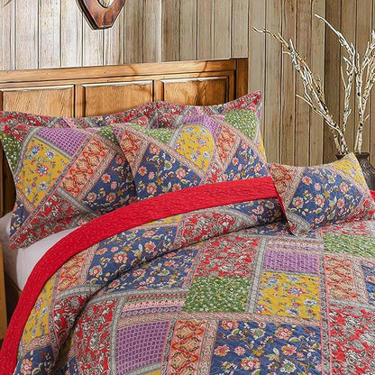BEDIFANY Cotton King Quilt Set - Vintage Farmhouse Bedspread with Vibrant Floral Pattern, 3-Piece Lightweight Coverlet (98x106 Inch) + 2 Pillow Shams, All Seasons Multicolor Quilt Bedding Set