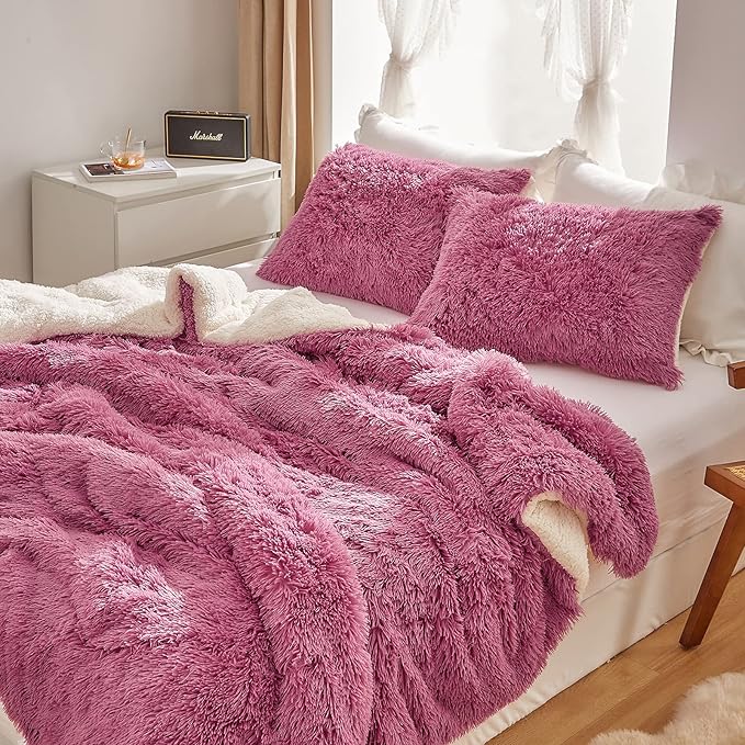 Purple Pink Faux Fur Comforter Set Queen 3 Pieces - 1 Shaggy Comforter 88*88 with 2 Pillowcases - Ultra Soft and Easy Care Luxury Plush Warm Winter fluffy Fleece Duvet Set for Cold Winter