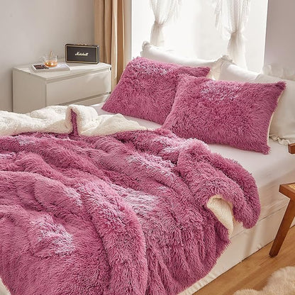 Purple Pink Faux Fur Comforter Set Queen 3 Pieces - 1 Shaggy Comforter 88*88 with 2 Pillowcases - Ultra Soft and Easy Care Luxury Plush Warm Winter fluffy Fleece Duvet Set for Cold Winter