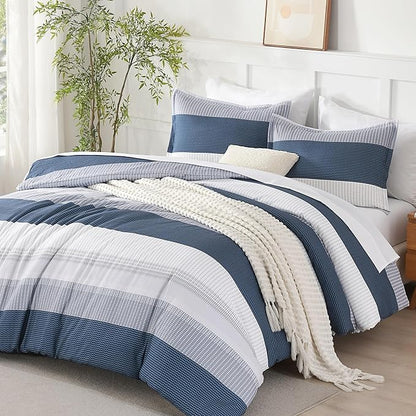 Andency Queen Comforter Set Mineral Blue - 7 Pieces Blue Striped Lightweight Bed in a Bag, Soft Microfiber Reversible Bedding Set with Comforter, Fitted & Flat Sheet, Pillowcases & Shams