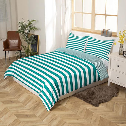 Stripe Comforter Set Turquoise Bedding Set Green White Striped Down Comforter King Ticking Stripes Geometric Lines Reversible Farmhouse Horizontal Stripes Lightweight Soft Quilt Duvet Insert