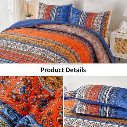 Goodidea Boho Comforter Queen Size, 3 Piece Blue Orange Bohemian Striped Western Comforter Set, Ultra Soft Lightweight Microfiber Boho Hippie Bedding Set with 2 Pillow Shams for All Seasons