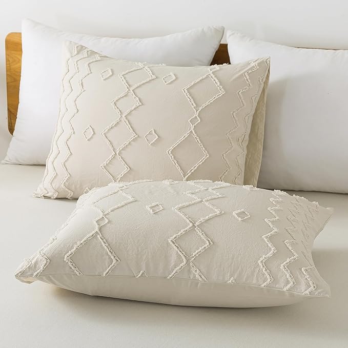 Andency Beige Tufted Comforter Set Queen, 3 Pieces(1 Comforter, 2 Pillowcases) Farmhouse Bedding Set with Soft Microfiber Down Alternative Geometric Pattern