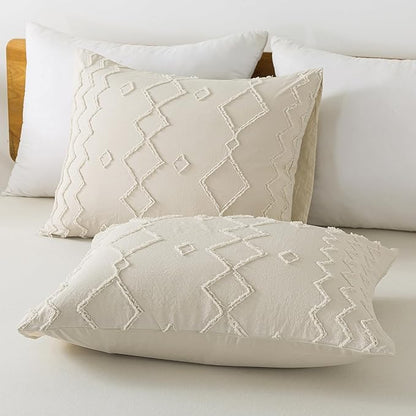 Andency Beige Tufted Comforter Set Queen, 3 Pieces(1 Comforter, 2 Pillowcases) Farmhouse Bedding Set with Soft Microfiber Down Alternative Geometric Pattern