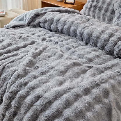 Twin Faux Rabbit Fur Comforter Set - 3 Pieces Fluffy Bedding Set Ultra Soft Warm Shaggy Winter Flannel Bed Set, Luxury Skin Friendly Sherpa Comforter Set & 2 Pillow Shams for Thanksgiving Light Gray