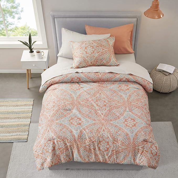 Comfort Spaces Bed in A Bag - Trendy Casual Design Cozy Comforter with Complete Sheet Set with Side Pocket, All Season Cover, Matching Shams, Twin XL(66 in x 90 in), Gloria, Damask Coral 6 Piece