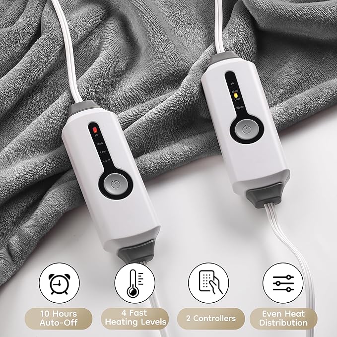 Electric Heated Blanket Queen Size 84"x90", Breathable & Luxurious Flannel, with Dual Control, with 4 Heating Levels & 10 Hours Auto-Off, Fast Heating, Machine Washable, for Bedding-Light Gray