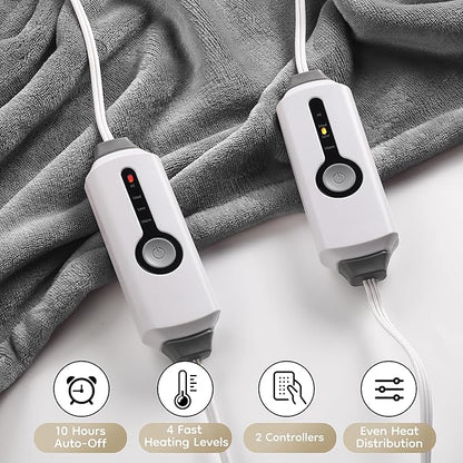 Electric Heated Blanket King Size 90"×100", Comfortable & Luxurious Flannel, 4 Heating Levels & 10 H Auto Shut Off, Light Grey