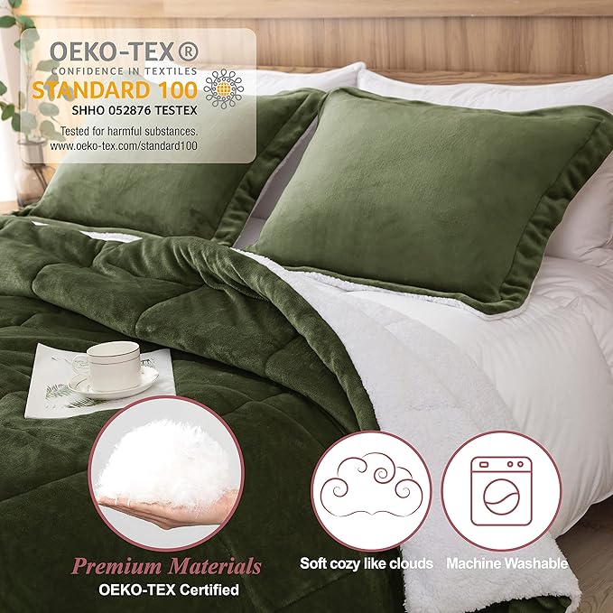 Seward Park Olive Green Sherpa Comforter Set Full Queen Size, All Season Soft Warm Fleece Fall Blanket, Winter Bedding Sets with 2 Pillow Shams