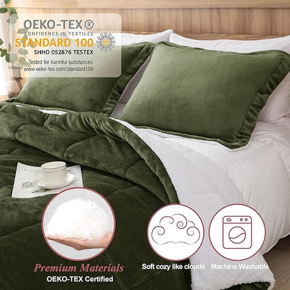 Seward Park Olive Green Sherpa Comforter Set Full Queen Size, All Season Soft Warm Fleece Fall Blanket, Winter Bedding Sets with 2 Pillow Shams