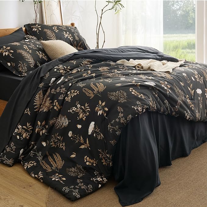 Bedsure Black Twin Comforter Set - 5 Pieces Floral Bedding Sets Twin Bed in a Bag with Reversible Botanical Flowers Comforter, Sheets, Pillowcase & Sham