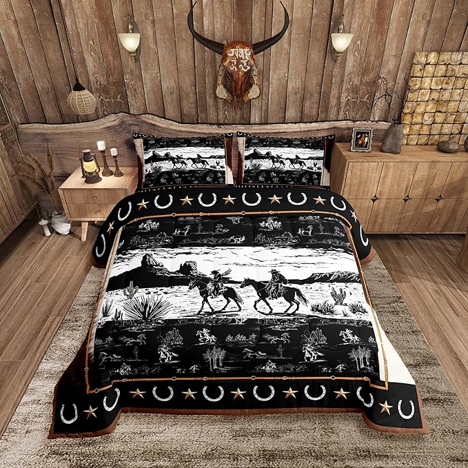 Feelyou Western Aztec Comforter Set King Size Horse Cowboy Bedding Set for Boys Men Kids Teens Rustic Western Decor Country Wild West Down Comforter Black and White Duvet Set with 2 Pillowcase