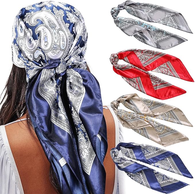 AWAYTR 35” Satin Large Square Head Scarves - 4PCS Silk Like Neck Scarf Hair Sleeping Wraps Satin Silk Scarfs for Women