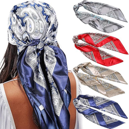 AWAYTR 35” Satin Large Square Head Scarves - 4PCS Silk Like Neck Scarf Hair Sleeping Wraps Satin Silk Scarfs for Women