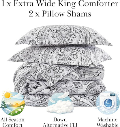 Southshore Fine Living, Inc. King Size Comforter Set, Down Alternative Bed Comforter Boho Bedding, Paisley Print Bedspread, King/California Size with 2 Matching Shams, Pure Melody Black