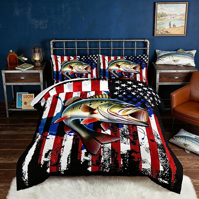 HOSIMA Big Pike Fishing Comforter Set,Bass Fish American Flag Pattern Hunting and Fishing Bed Set Queen Size for Boys Room Decor, Bed in a Bag for Teens with 2 Pillowcases.