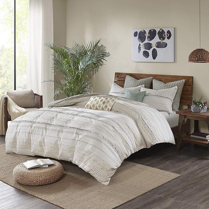 INK+IVY Nea 100% Cotton Duvet Set Mid Century Modern Design, All Season Comforter Cover Bedding Set, Matching Shams, King/Cal King, Stripes Teasel Ivory 3 Piece