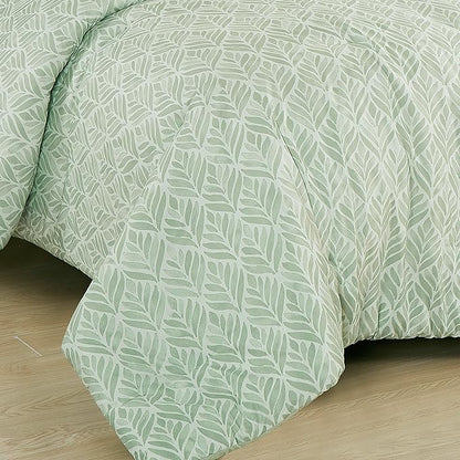 Chezmoi Collection Medina 2-Piece Tranquil Leaf Comforter Set Twin - Soft Green White Leaves Printed Microfiber Lightweight Bedding Set for All Season