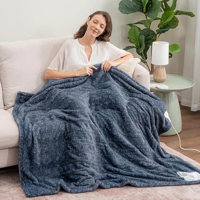 Berkshire Blanket Heated Throw Blanket, Grace Fur to Loftmink Reversible Electric Throw with 4 Heat Levels, Fast Heating Printed Throw for Couch and Bed, Auto Shut-Off Feature (50"x60")