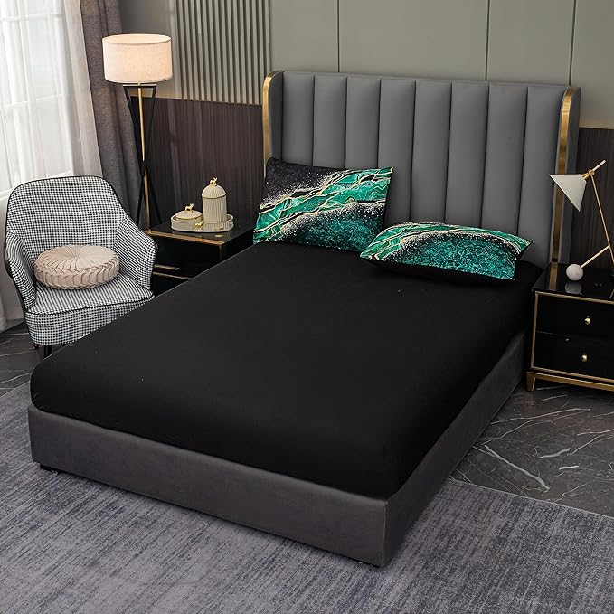 Tailor Shop 5Pcs Marble Green Comforter Set Queen Size for Women Adults Black Green and Gold Marble Bedding Sets Bed in a Bag (1 Comforter, 1 Flat Sheet, 1 Fitted Sheet, 2 Pillowcases)…