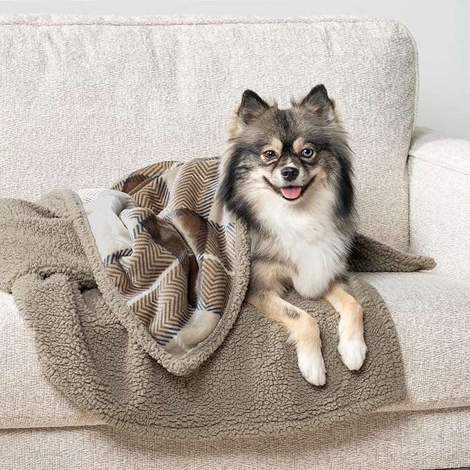 PetAmi Waterproof Dog Blanket for Small Medium Dog Puppy Cat Throw for Couch Cover Leakproof Protection, Sherpa Fleece, Reversible Soft Washable 29x40 Plaid Taupe