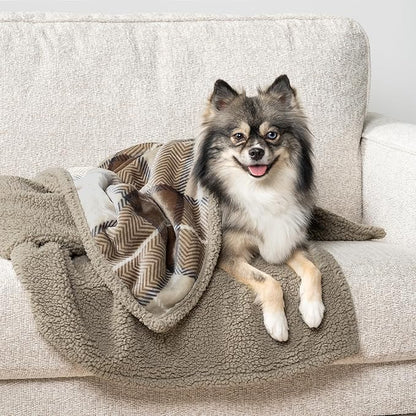 PetAmi Waterproof Dog Blanket for Small Medium Dog Puppy Cat Throw for Couch Cover Leakproof Protection, Sherpa Fleece, Reversible Soft Washable 29x40 Plaid Taupe