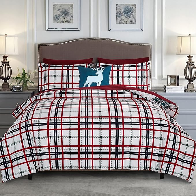 Elegant Comfort 8-Piece Cabin Lodge Patch Reversible Comforter Set - All Season Bed in a Bag, 4-Piece Sheet Set Featuring Smart Pockets, Matching Shams and Decorative Pillow, Twin/Twin XL, Burgundy