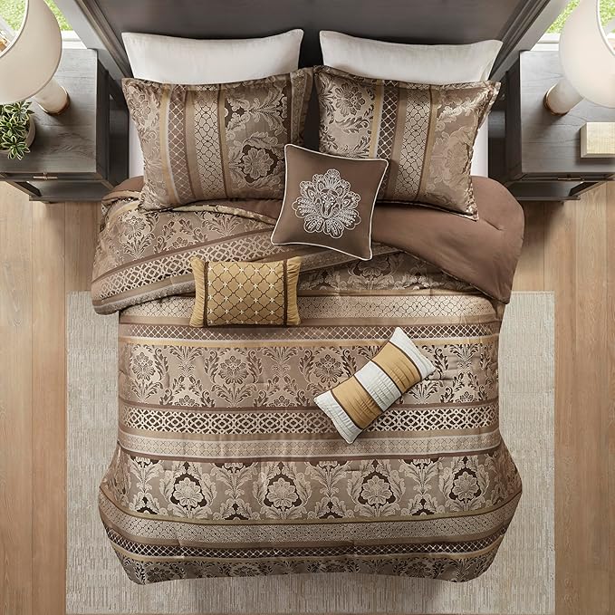 Madison Park Bellagio Cozy Comforter Set - Luxurious Jaquard Traditional Damask Design, All Season Down Alternative Bedding with Matching Shams, Decorative Pillow, Queen(90"x90"), Brown/Gold 7 Piece