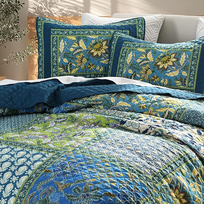 King Quilt Set for Bed - 100% Cotton Quilts Patchwork Comforter Coverlet Bedspread Reversible 90"x104" with 2 Pillow Shams