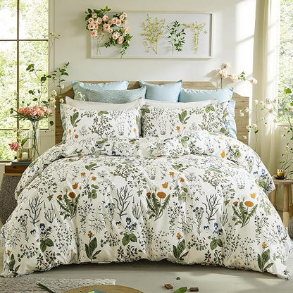 Green Comforter Set Queen, 100% Cotton Reversible Floral Pattern Comforter Set 3 Pcs Soft Cotton Lightweight Comforter All Season Soft & Breathable Green Bedding Set
