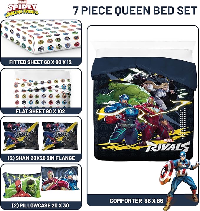 Jay Franco Kids Comforter Set Includes Sheets and Pillow Covers - Soft and Cozy Bed Set for Stylish Room Decor, Official Licensed Bedding, Multi - Marvel Rivals, 7 Piece Queen