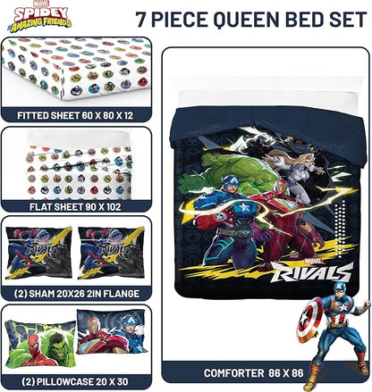Jay Franco Kids Comforter Set Includes Sheets and Pillow Covers - Soft and Cozy Bed Set for Stylish Room Decor, Official Licensed Bedding, Multi - Marvel Rivals, 7 Piece Queen