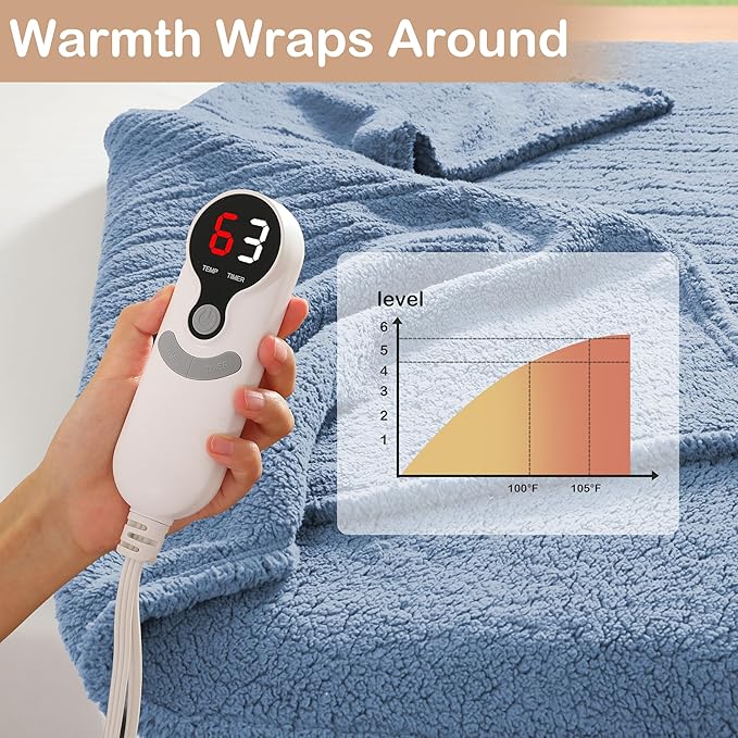 Electric Heated Blanket Full Size 72"×84" with 9 Heating Levels & 1-10Hs Auto Off，Double Sided Plush Sherpa, Energy Efficient, Machine Washable, for Couch & Bed, Light Blue