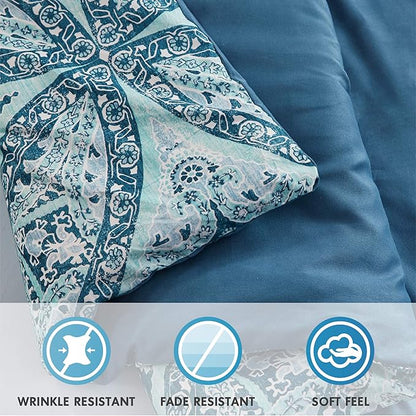 Comfort Spaces Bed in A Bag - Trendy Casual Design Cozy Comforter with Complete Sheet Set with Side Pocket, All Season Cover, Matching Shams, Queen(90"x90"), Gloria, Damask Blue 9 Piece
