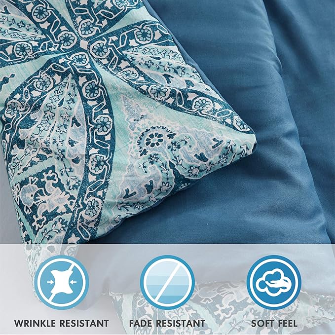 Comfort Spaces Bed in A Bag - Trendy Casual Design Cozy Comforter with Complete Sheet Set with Side Pocket, All Season Cover, Matching Shams, Twin(66"x90"), Gloria, Damask Blue 6 Piece