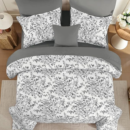 WONGS BEDDING Queen Size Comforter Set, 8 Pieces Grey Floral Bed in a Bag Comferter Sets, Botanical Print Soft Fluffy Microfiber Complete Bedding Sets for All Season (90"x90")