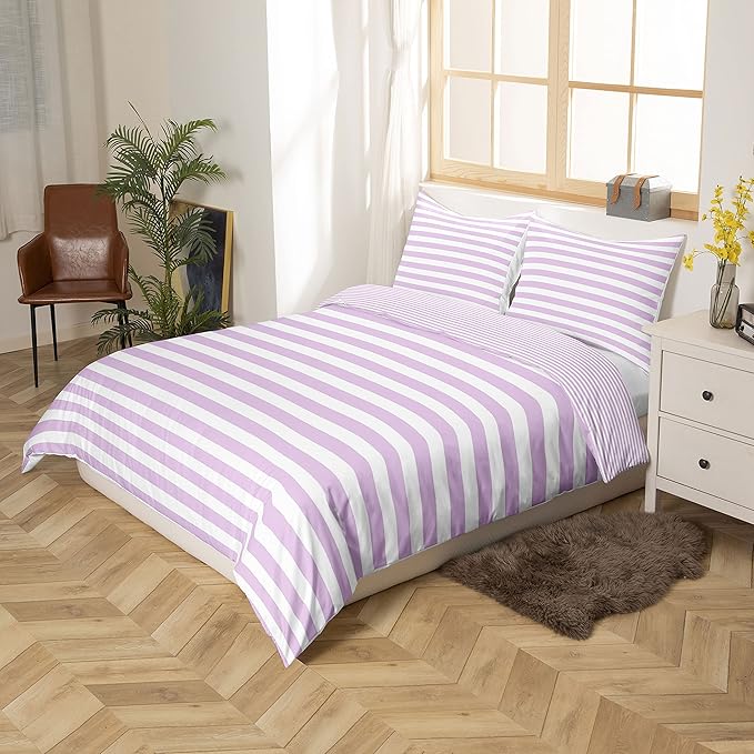 Girl Purple Striped Comforter Set King White Farmhouse Ticking Stripes Down Comforter for Women Horizontal Stripes Geometric Lines Reversible Lightweight Duvet Set for Room Decor Soft Bedding Set